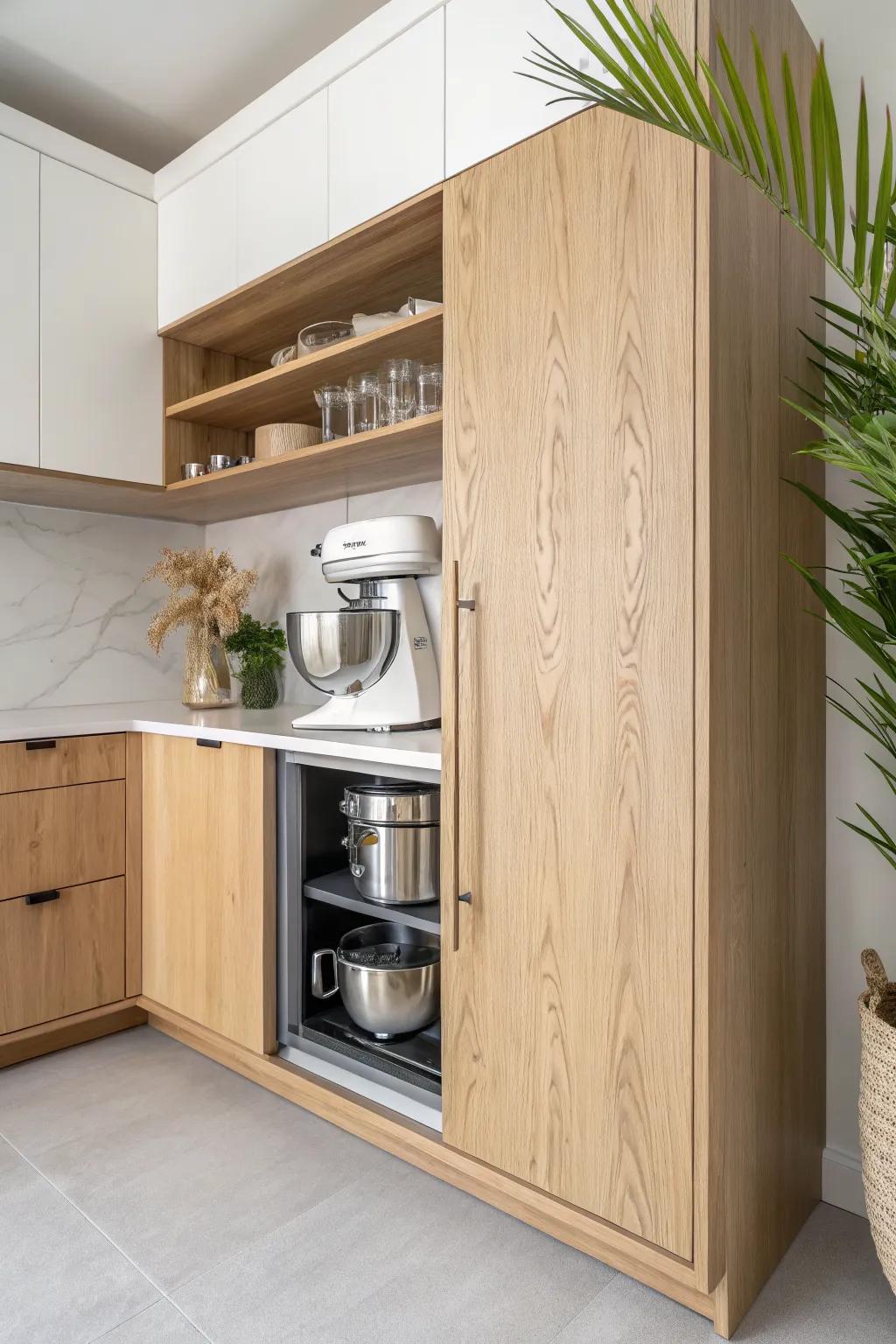 A tidy corner appliance garage—smooth sliding door, warm oak grain, and calm minimalist style.