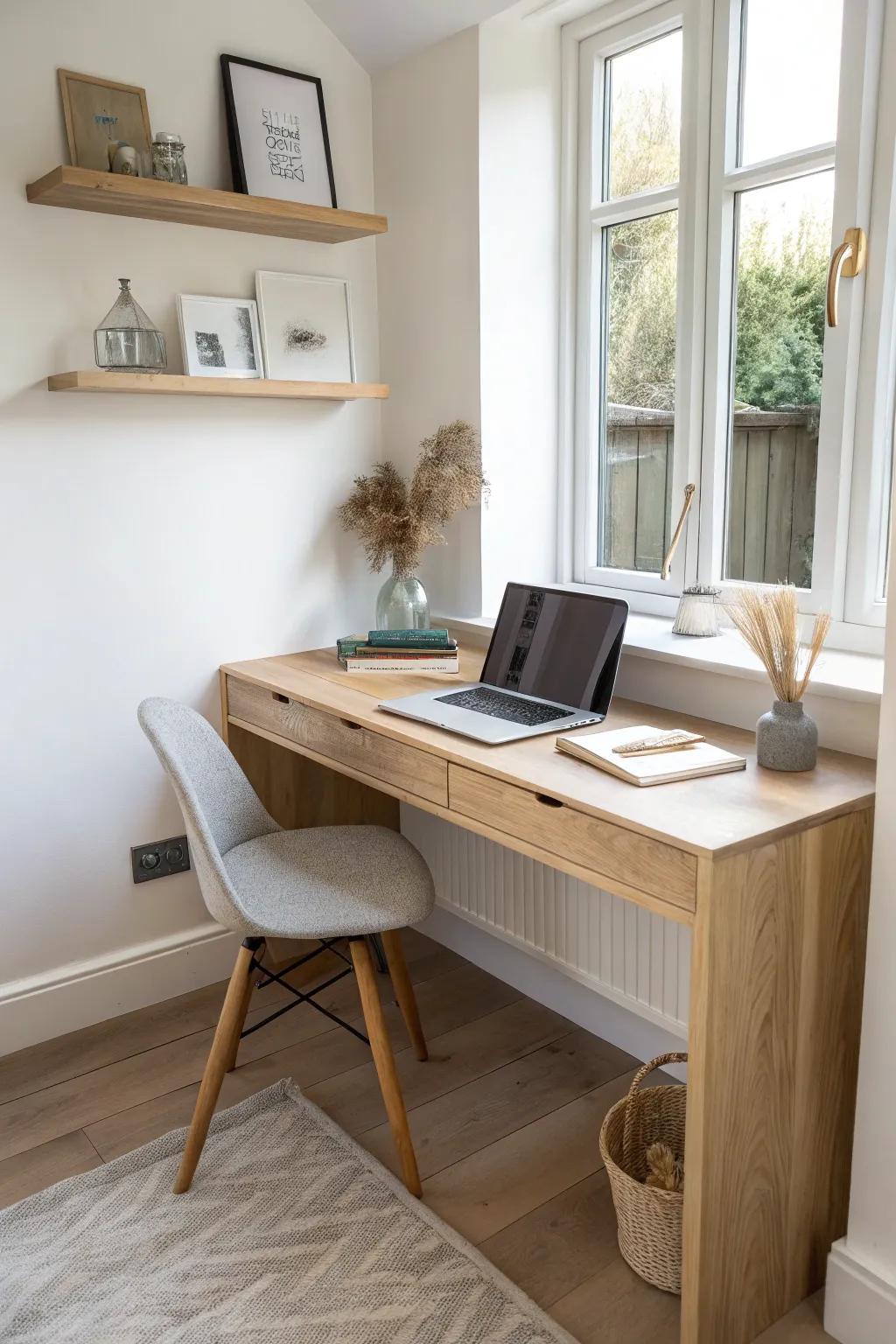 Slim built-in corner desk for hallway nooks—just enough space for laptop + notebook.