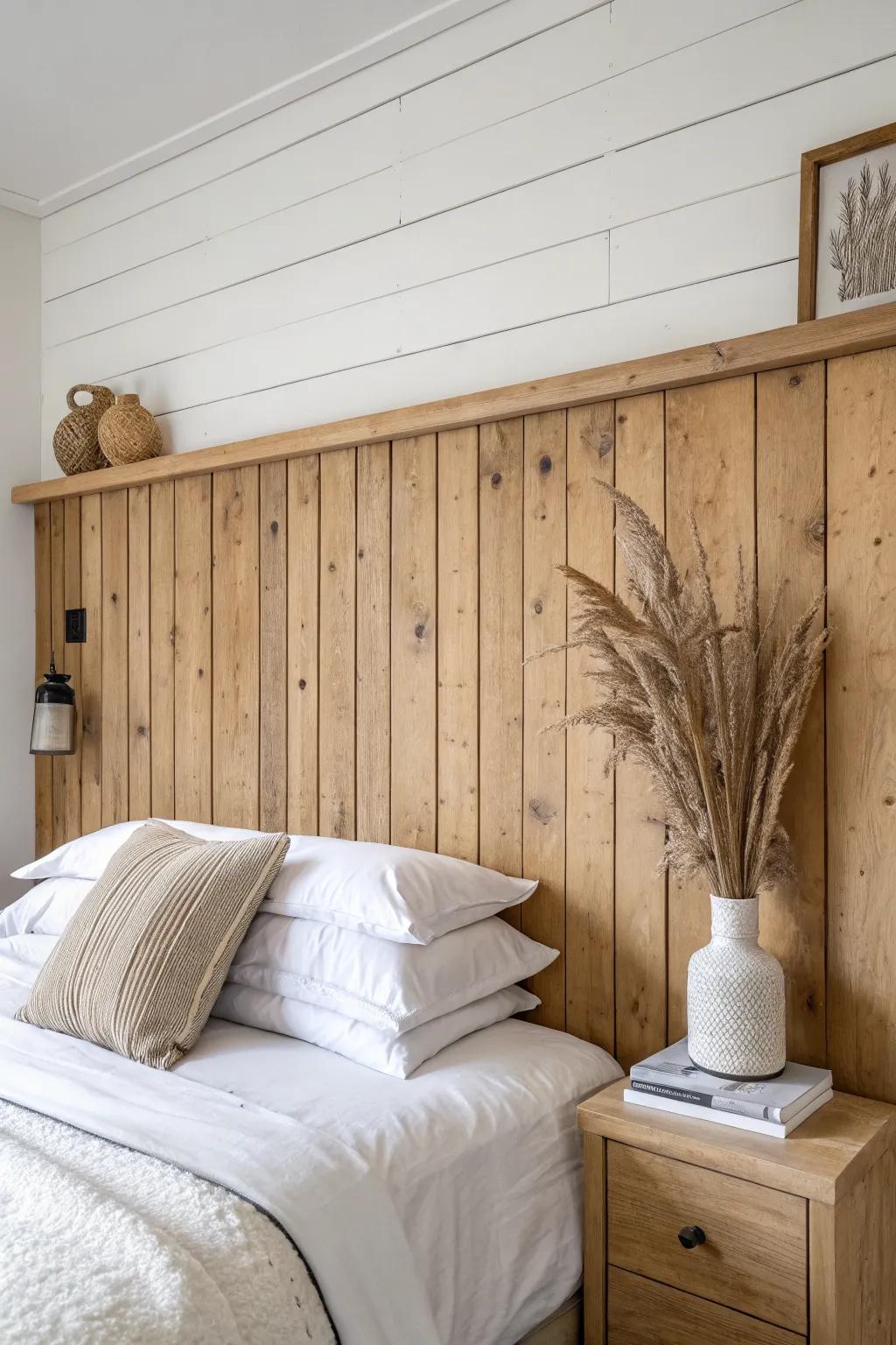 Reclaimed shiplap built-in headboard with a chunky cap ledge—warm farmhouse charm, clean lines.