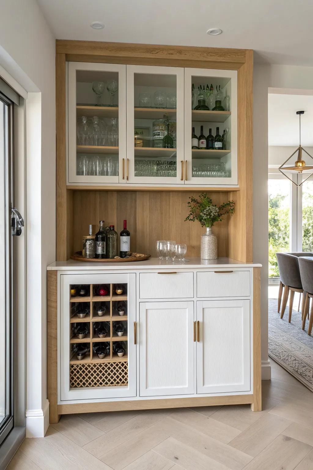 Built-in oak dry bar divider with bottle storage and sleek cabinets—minimal, warm, party-ready.