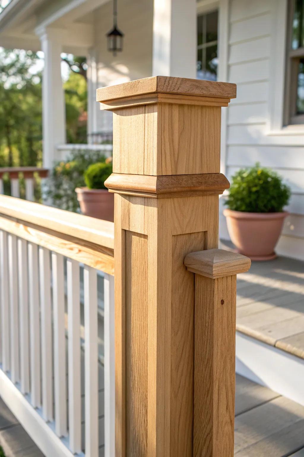 Chunky craftsman newel with a clean square rail—instant bungalow curb appeal in warm cedar tones.
