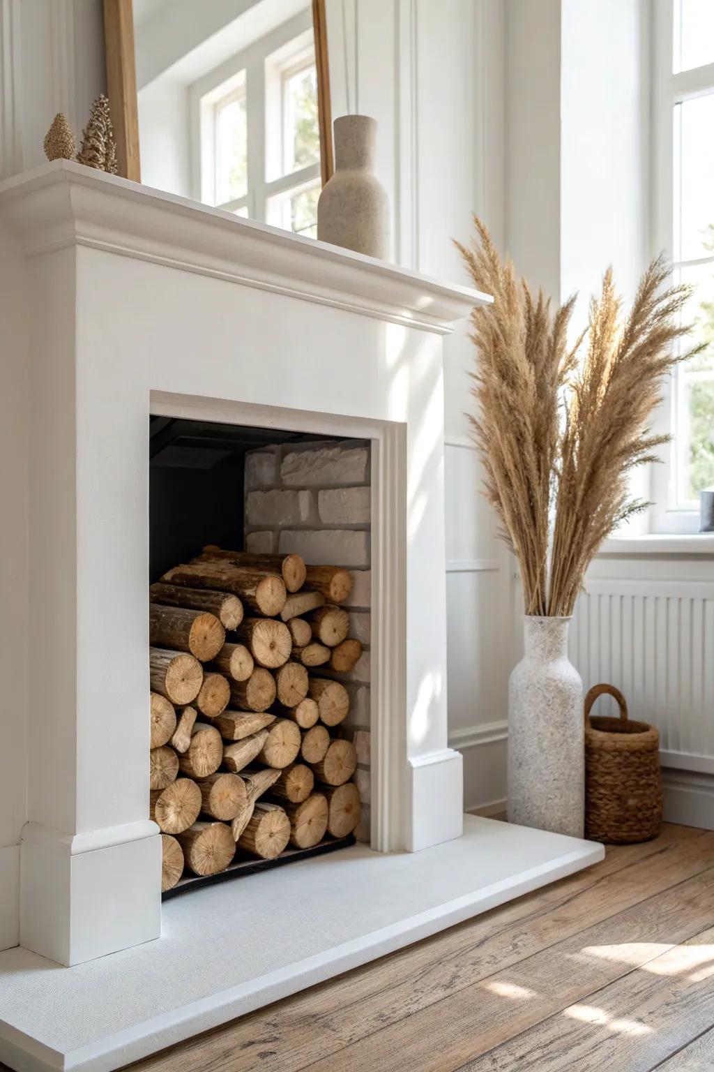 Built-in firewood cubbies turn a bungalow fireplace surround into warm, tidy texture.