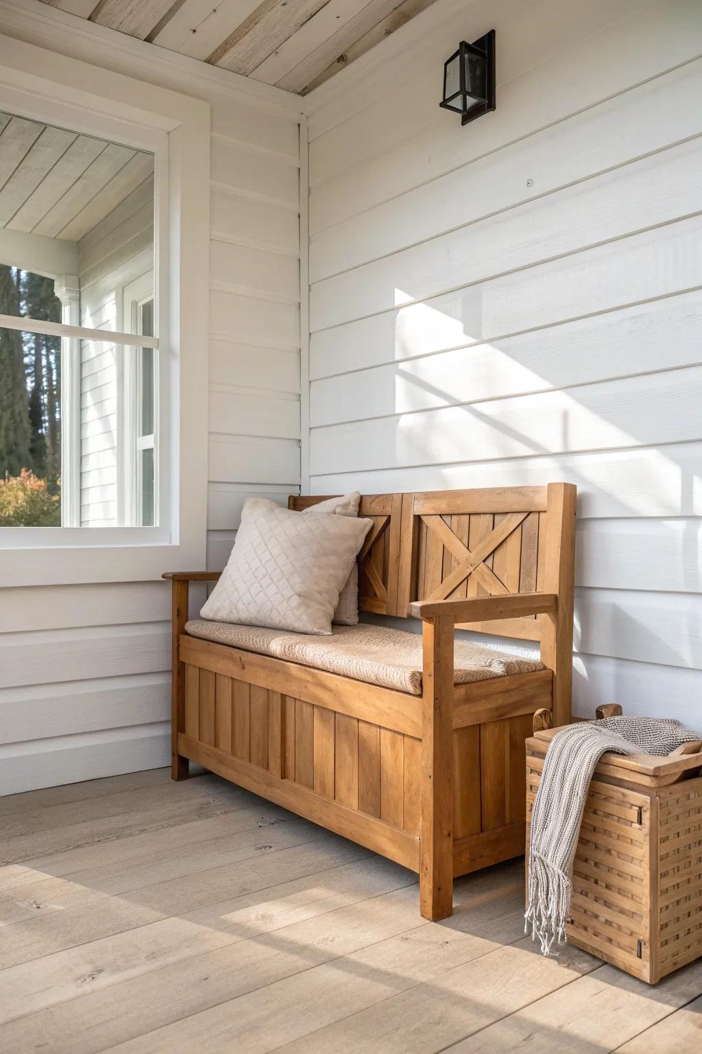 Built-in cedar porch bench with hidden storage—minimal, cozy seating made for real life.