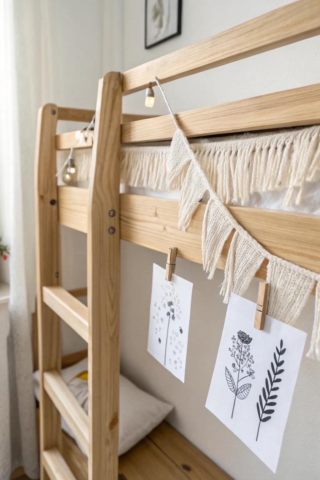 Dress up the bunk rail with tiny pennants and clipped mini art—sweet, space-saving charm.