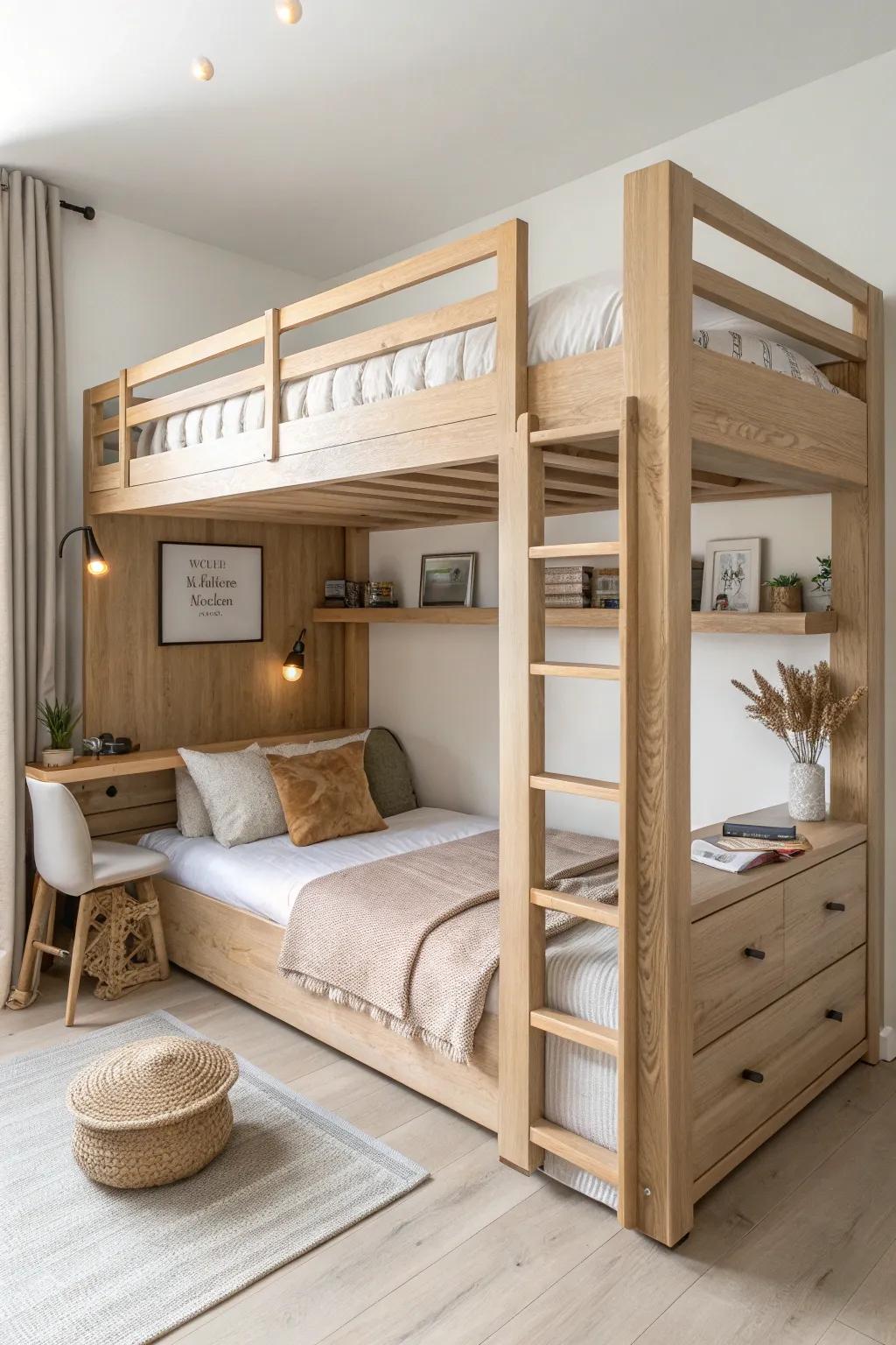 Two perfectly matched loft zones—symmetry keeps roommates organized, calm, and clutter-free.