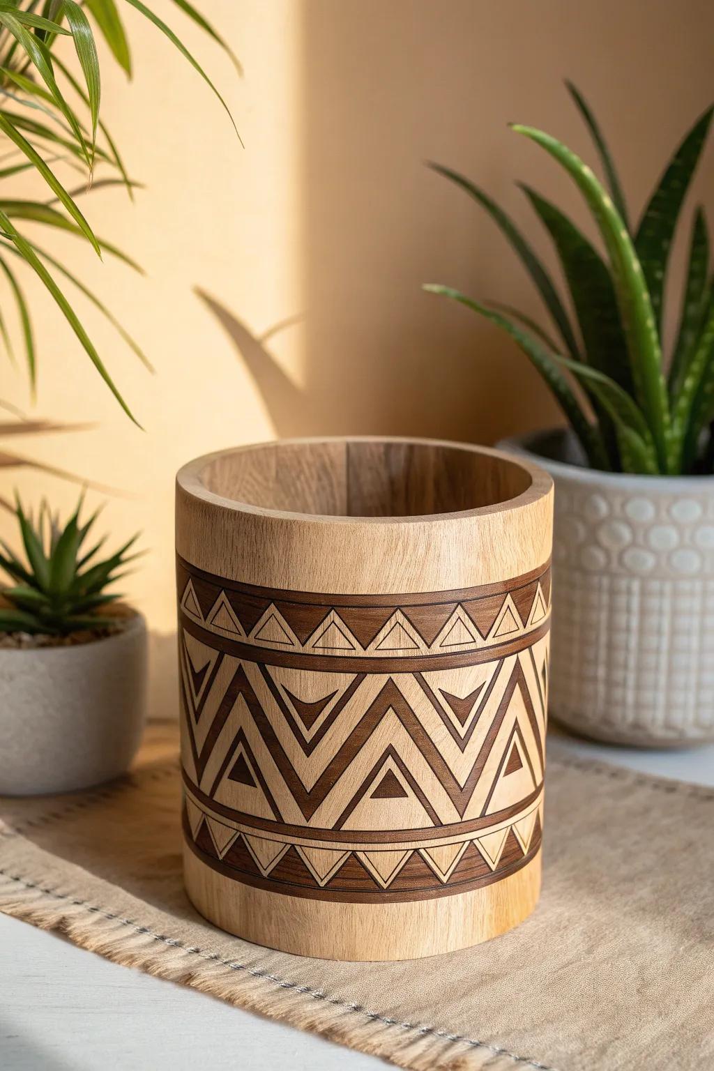 Bold burnt-wood geometric bands turn a simple planter wrap into a chic, crafted statement.