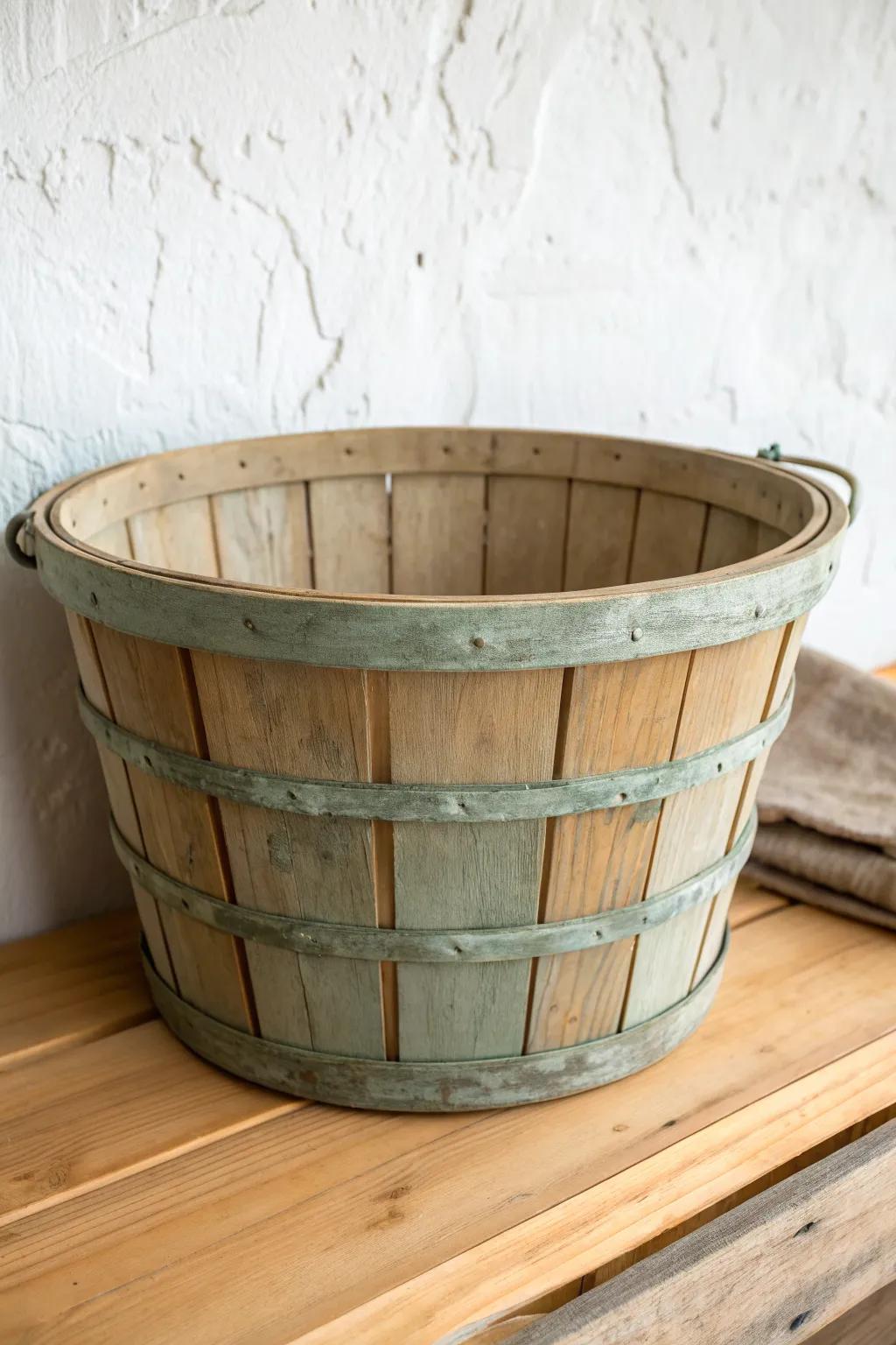 A dusty-sage rim, lightly sanded, adds a soft pop while keeping the bushel basket rustic.