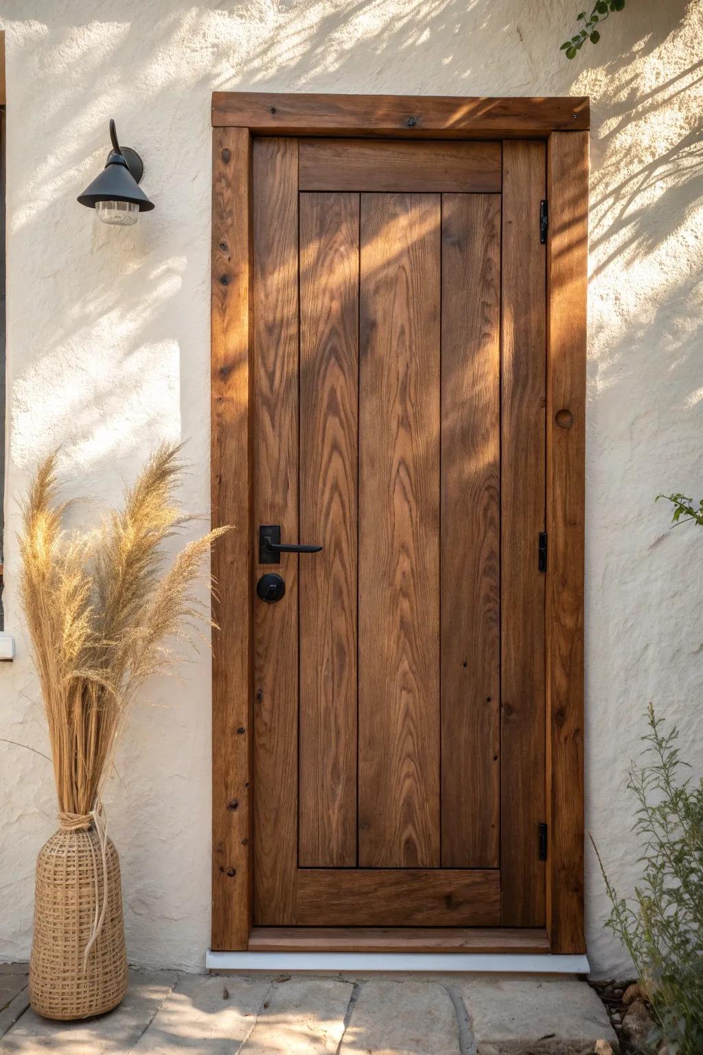 Warm walnut stain brings instant cabin coziness—always test on offcuts to match your grain.