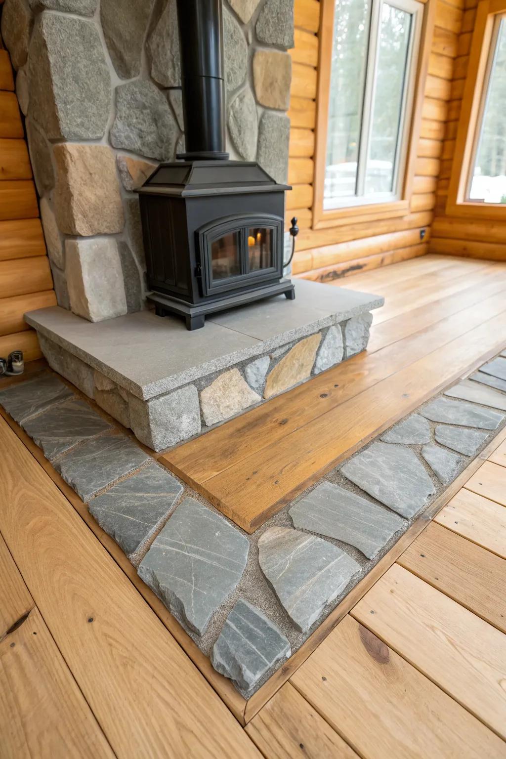 Stone meets plank: a simple hearth border that makes the cabin feel like home.