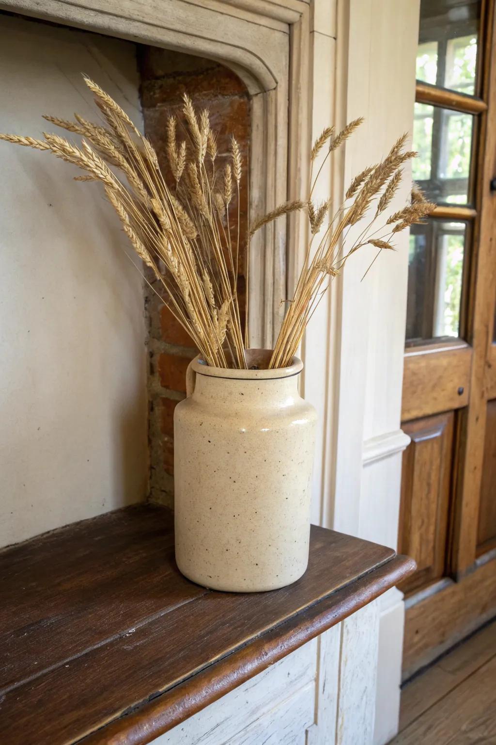Stoneware crock with dried grasses—soft, outdoorsy mantel decor for a cozy cabin look.