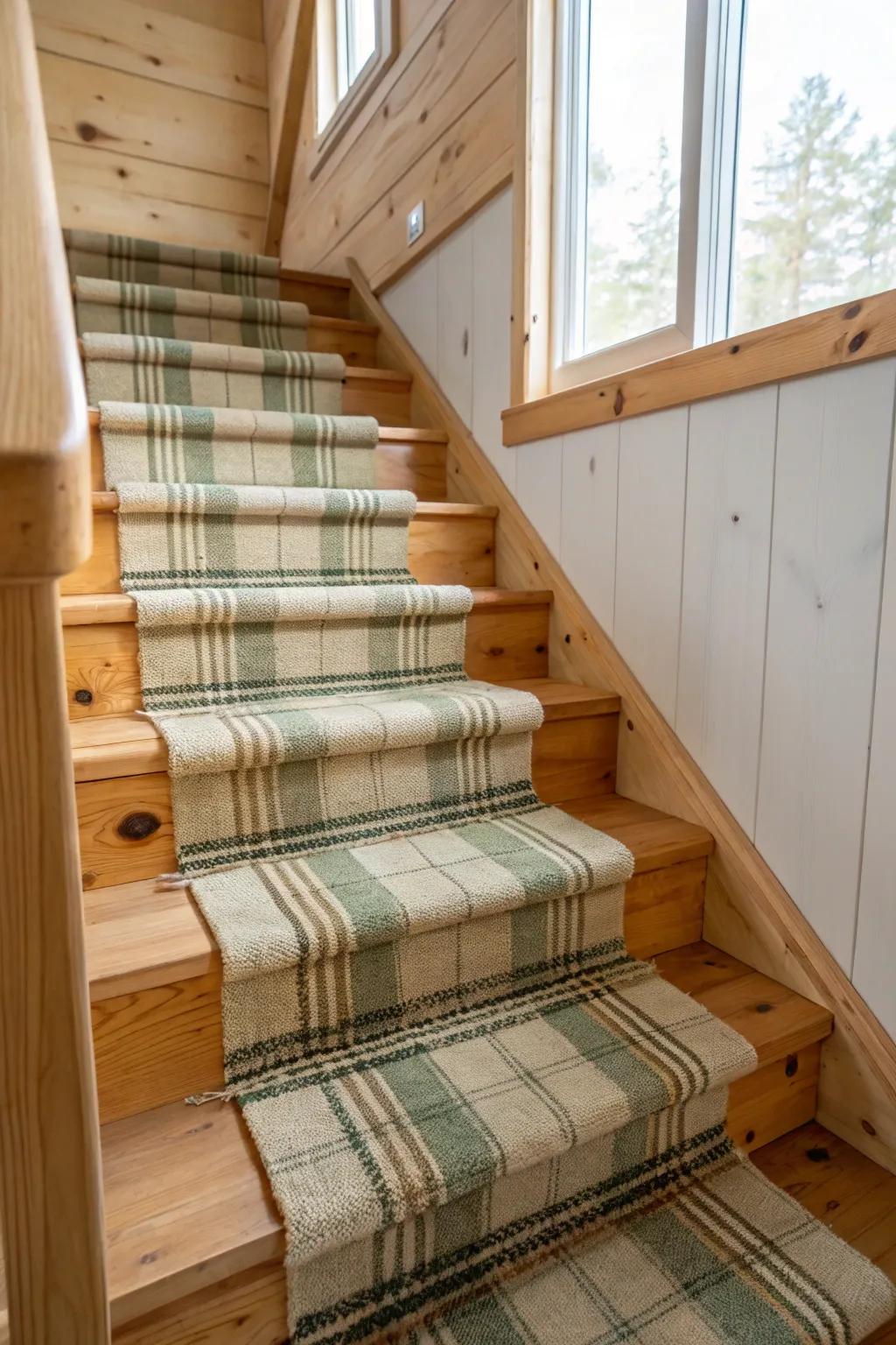 Plaid stair runner warms up cabin steps—soft underfoot, quiets squeaks, adds instant coziness.