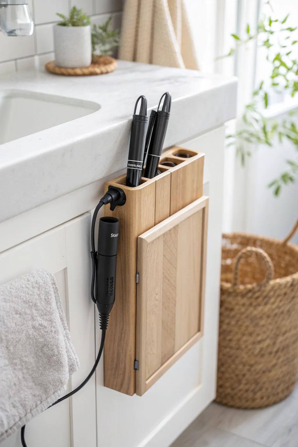 A sleek cabinet-door holster keeps hair tools tidy, cool, and cord-free in your vanity.