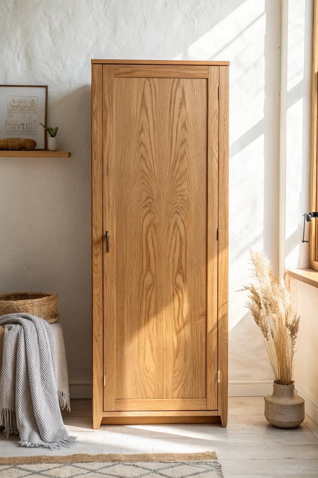Natural wood grain cabinet fronts—simple profile, bold grain, and warm Scandinavian calm.