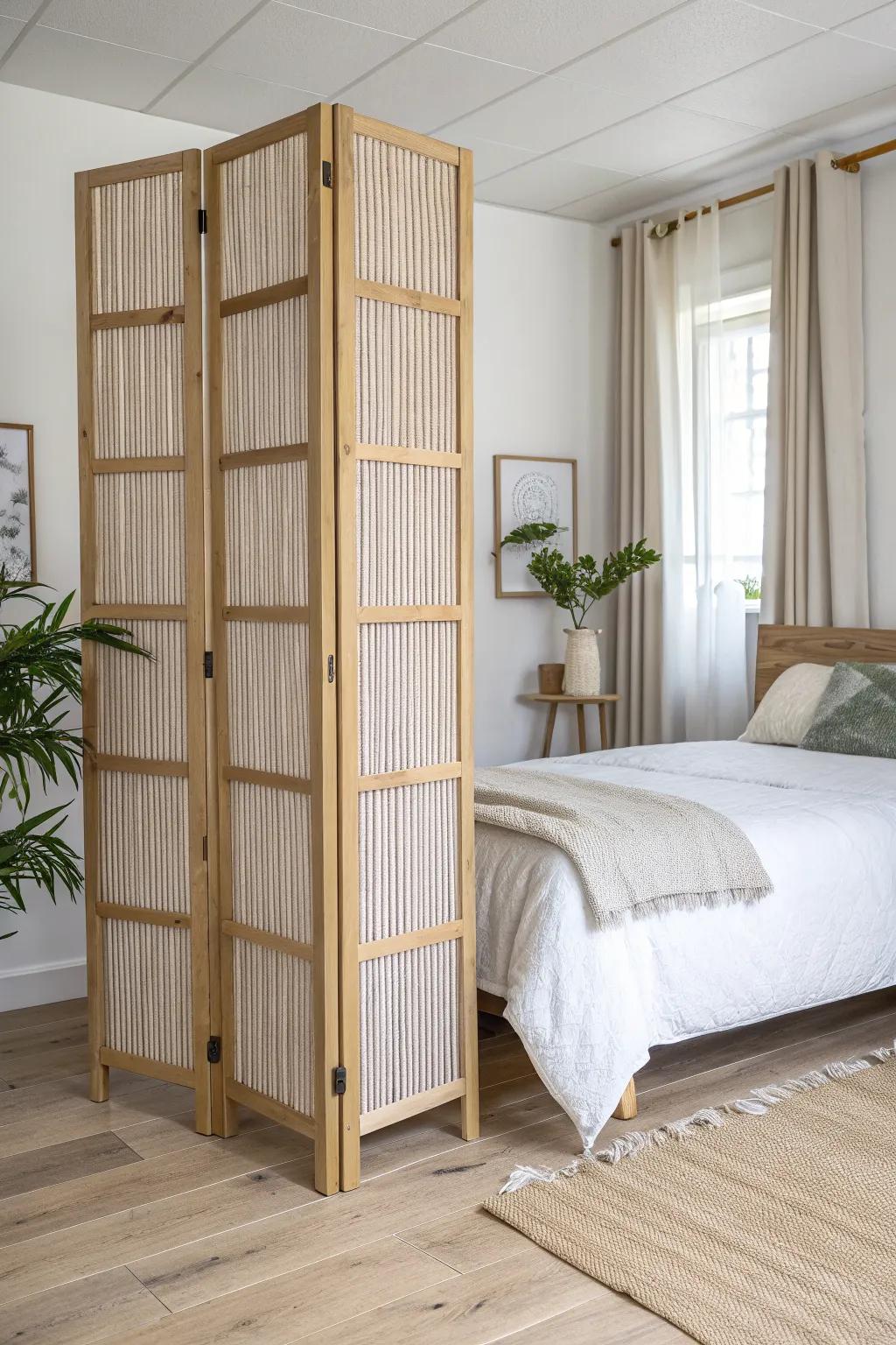 A light oak folding screen turns a caddy-corner bed into a centered, serene retreat.