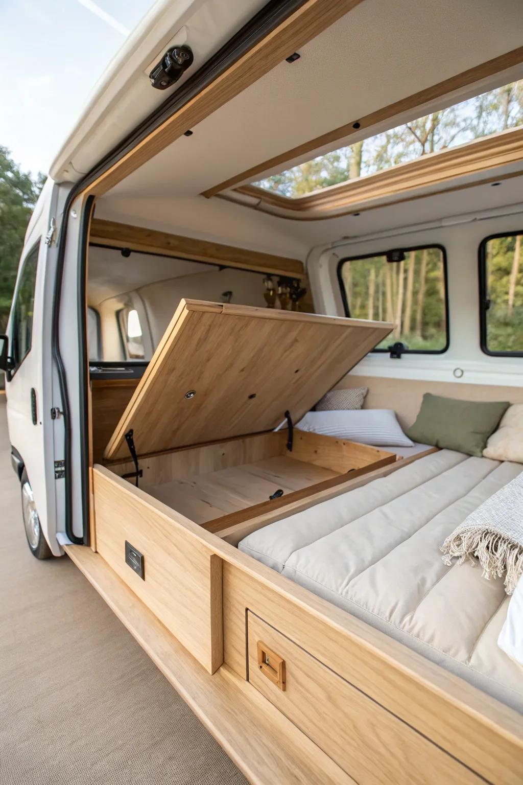 A hinged trap-door bed platform: beautiful woodwork and easy top-access storage in your van.