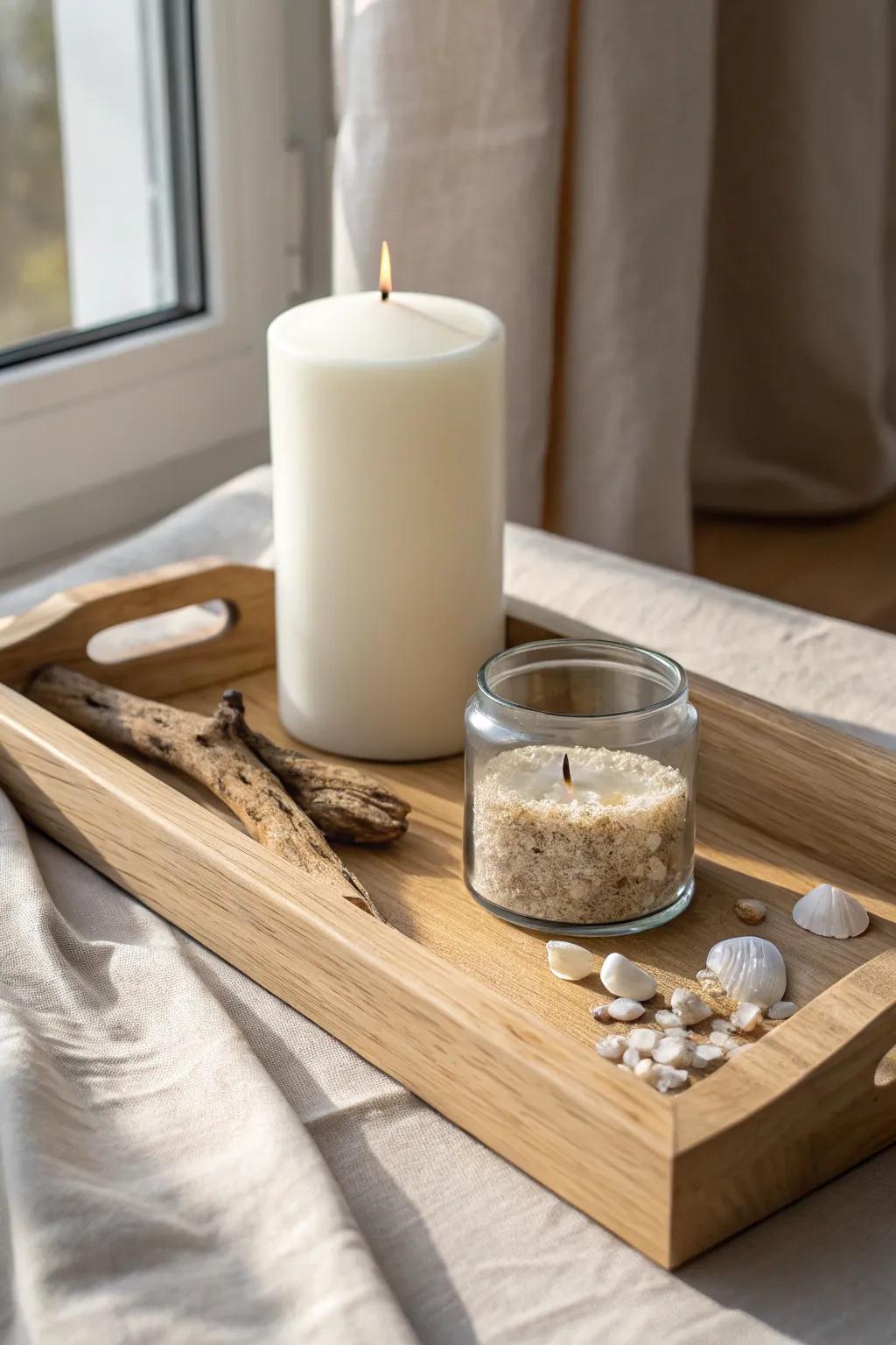 Coastal calm on a pale wood tray—sand, shells, driftwood, and a soft candle glow.