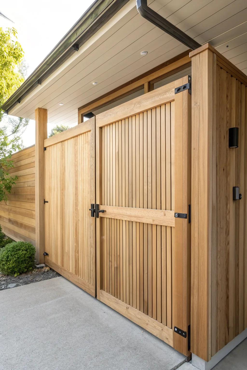 A slatted swing gate wall adds security and keeps your carport opening beautifully cohesive.