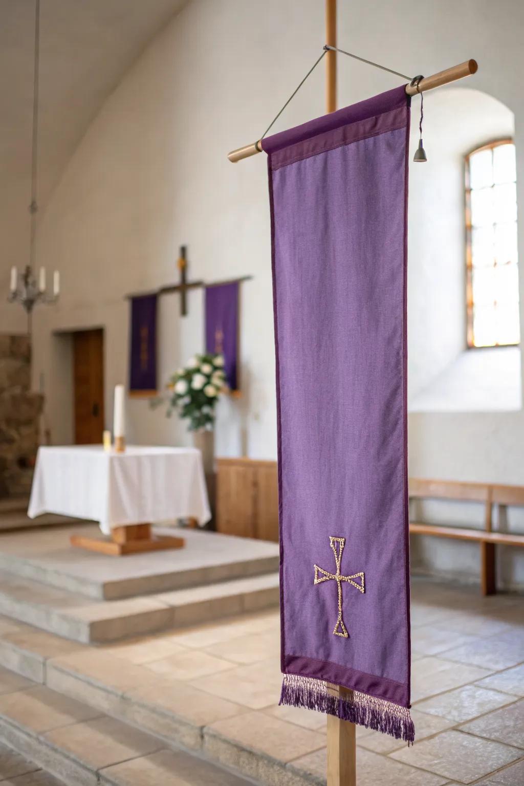DIY violet Advent banner on a smooth wood dowel—simple, serene color behind the altar.