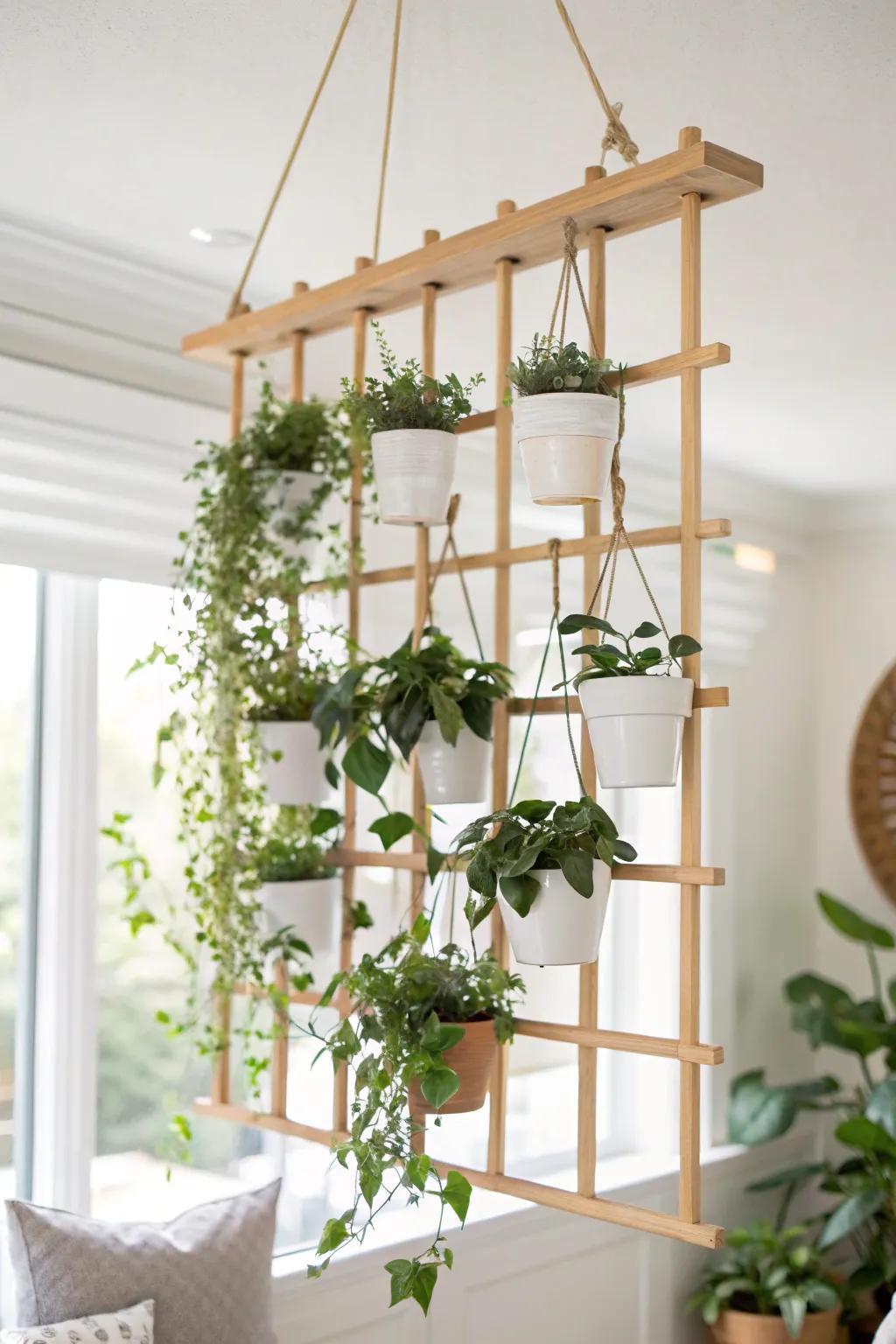 Ceiling-mounted wooden planter grid: a living divider that feels light, airy, and handmade.