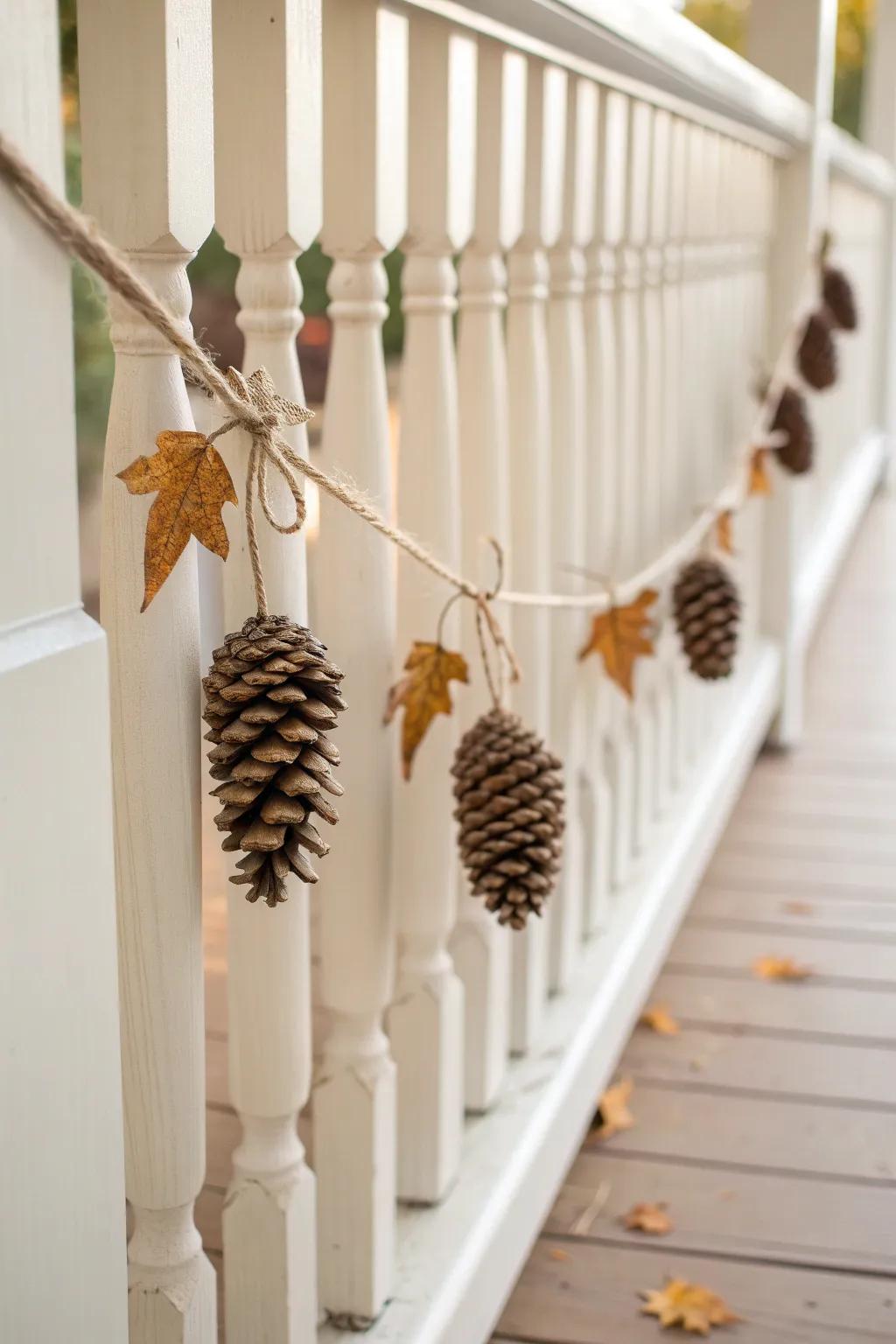 Free fall porch charm: a pinecone & twine garland with dried leaves—simple, cozy, handmade.