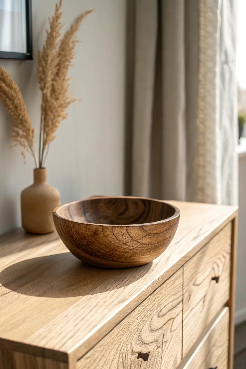 A handcrafted wooden catchall bowl keeps your chest top tidy, calm, and beautifully curated.