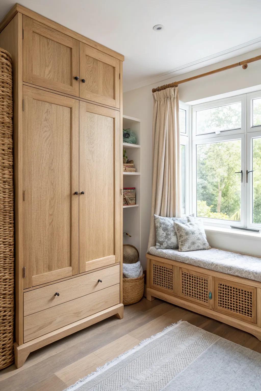 Built-in window seat between wardrobe towers—lift-up storage hides toys in a cozy reading nook.