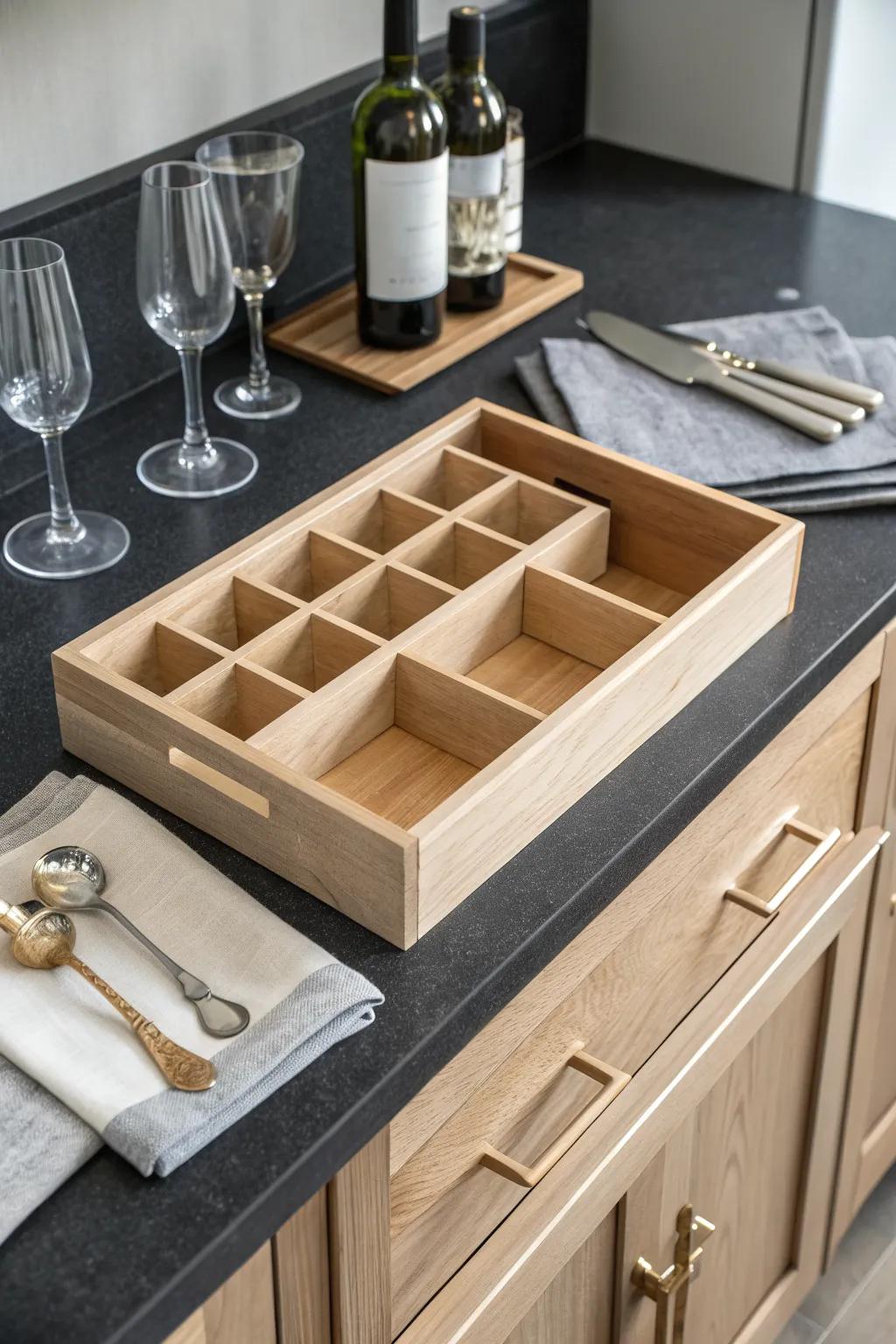 Keep your china cabinet bar drawer tidy with slim plywood dividers for tools and napkins.