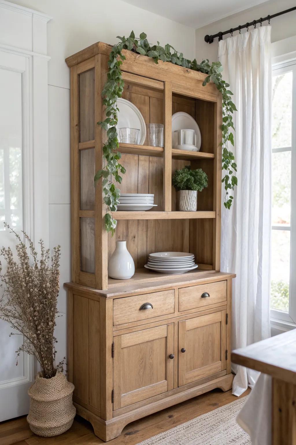 Refresh your china hutch with seasonal greenery and linen stacks for an effortless, airy update.