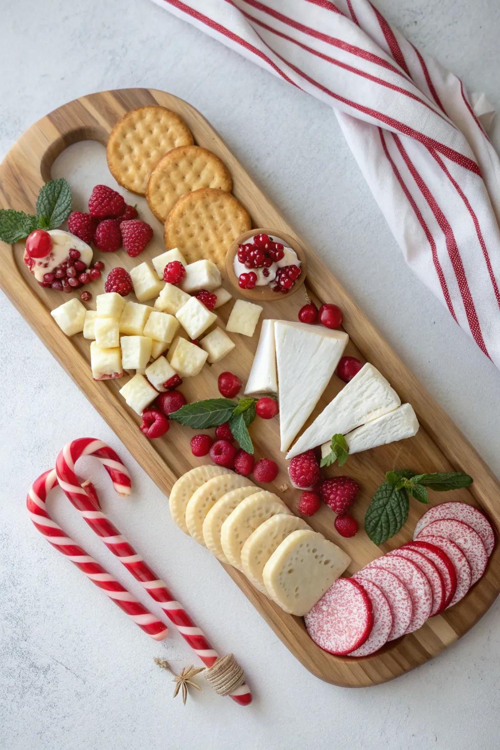 Candy-cane stripe cheese board—tight red-and-white curves on a handcrafted oak board.