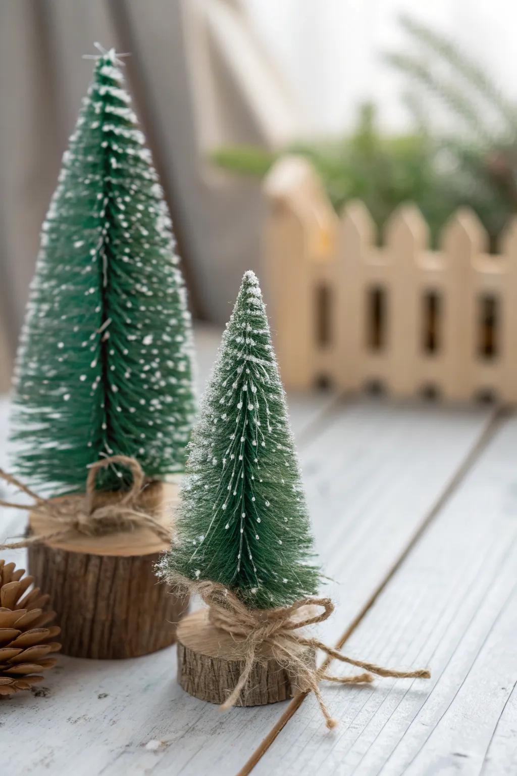 Twine-tied bottle-brush trees with a tiny wooden sign—dollhouse tree lot magic in one shot.