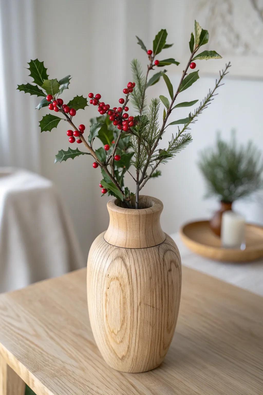 Red berry stems in fresh greenery make natural oak decor feel instantly Christmas.