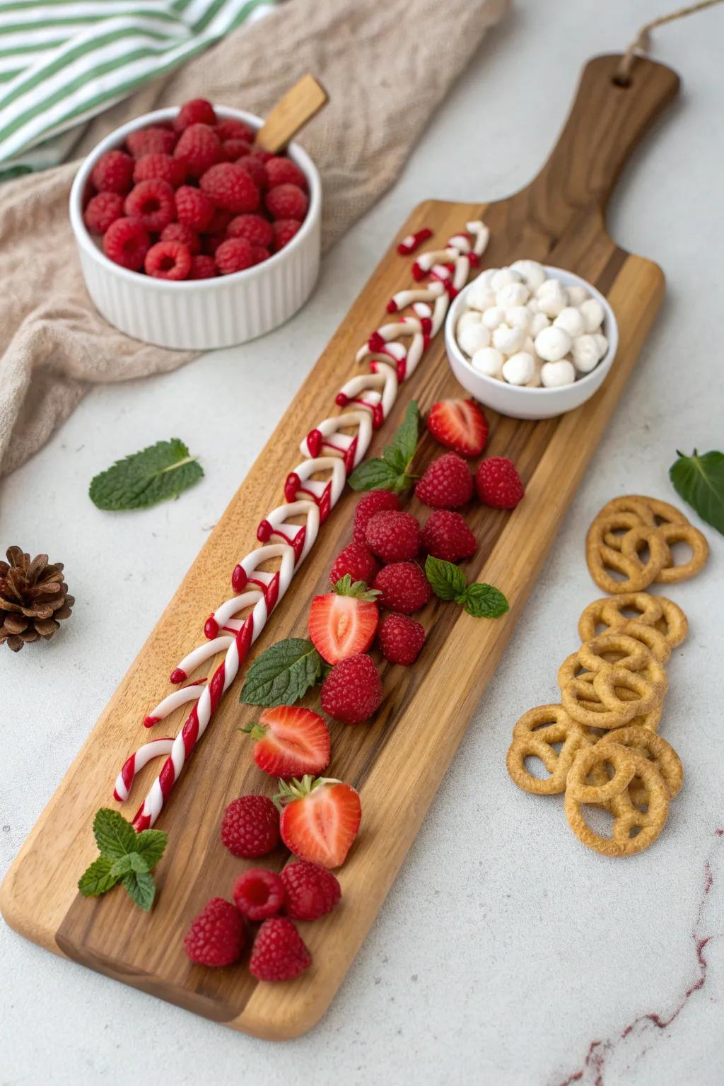 Candy cane stripes on a handcrafted plank—simple, festive grazing lanes for Christmas.