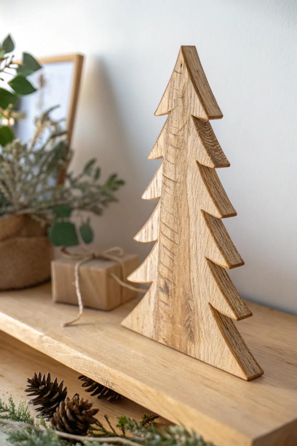 DIY scrap-wood tree cutout—rustic, minimal, and perfect for cozy Christmas shelf styling.