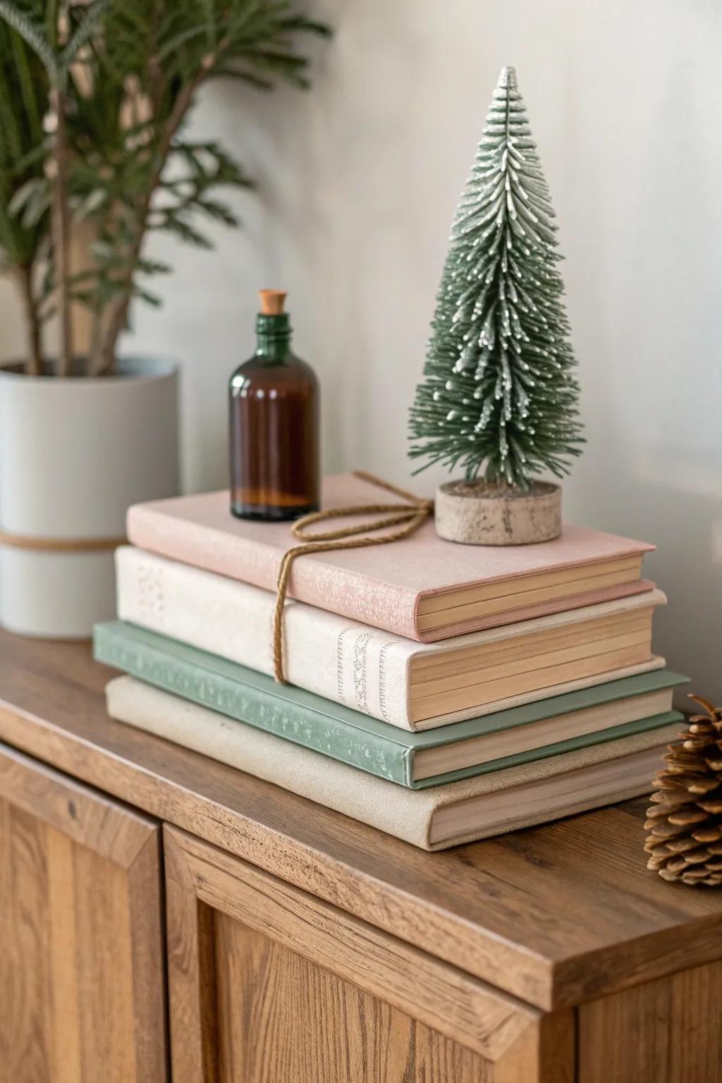 Vintage book stack with a tiny topper tree—simple height and cozy charm for a Christmas sideboard.