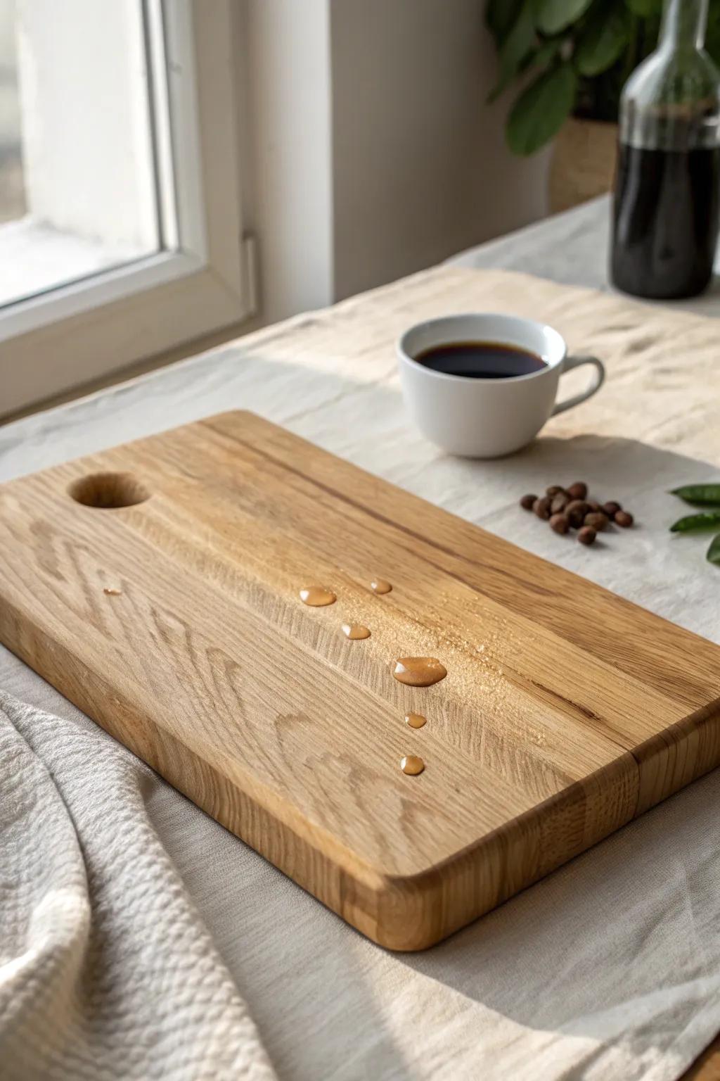Matte sealed oak top that beads coffee and wipes clean—perfect for busy church volunteers.