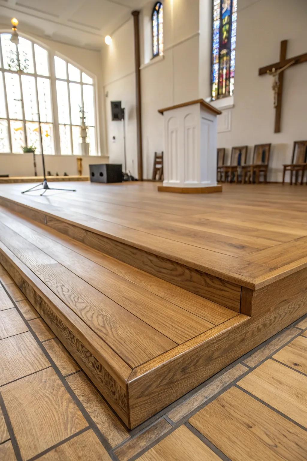 A warm oak stage floor overlay that frames the chancel—simple, crafted, and luminous.
