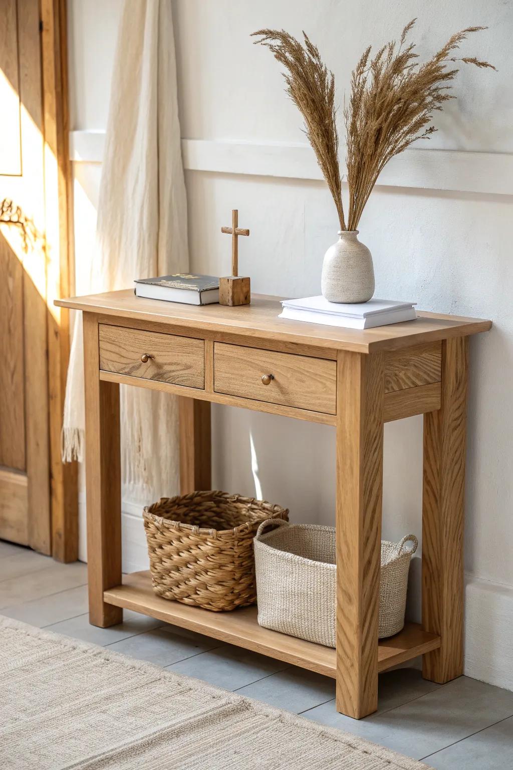 A pretty welcome table that stays tidy—hidden bins below keep extra supplies close but unseen.