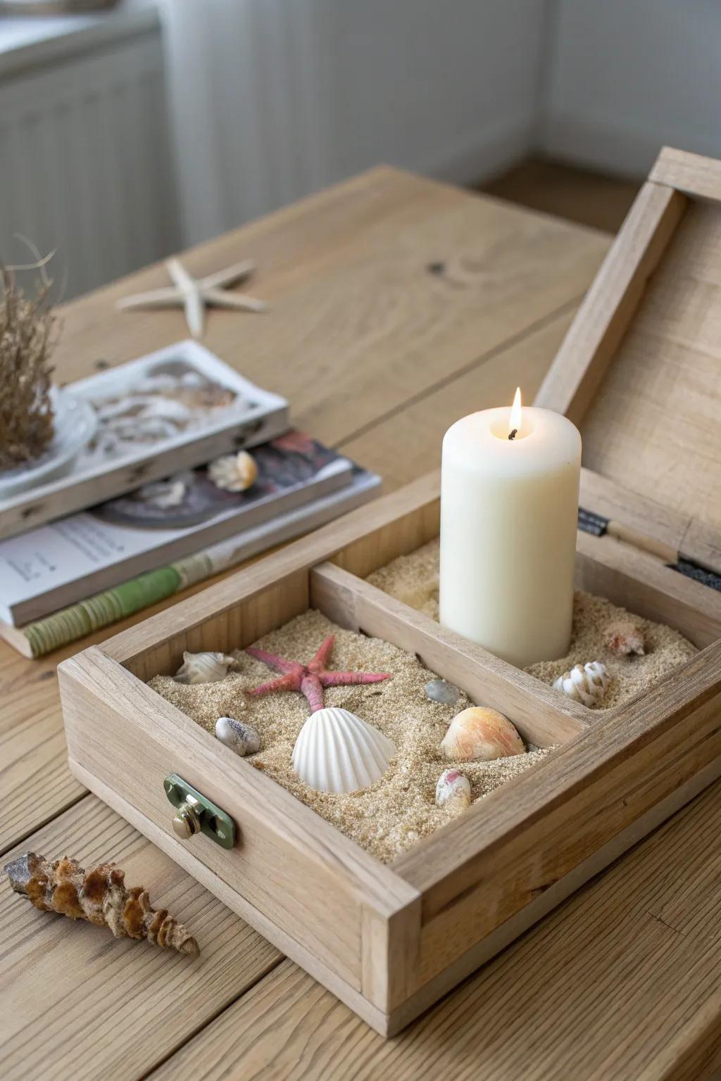 Seashells, sand, and a chunky candle turn a wooden cigar box into a calm coastal centerpiece.