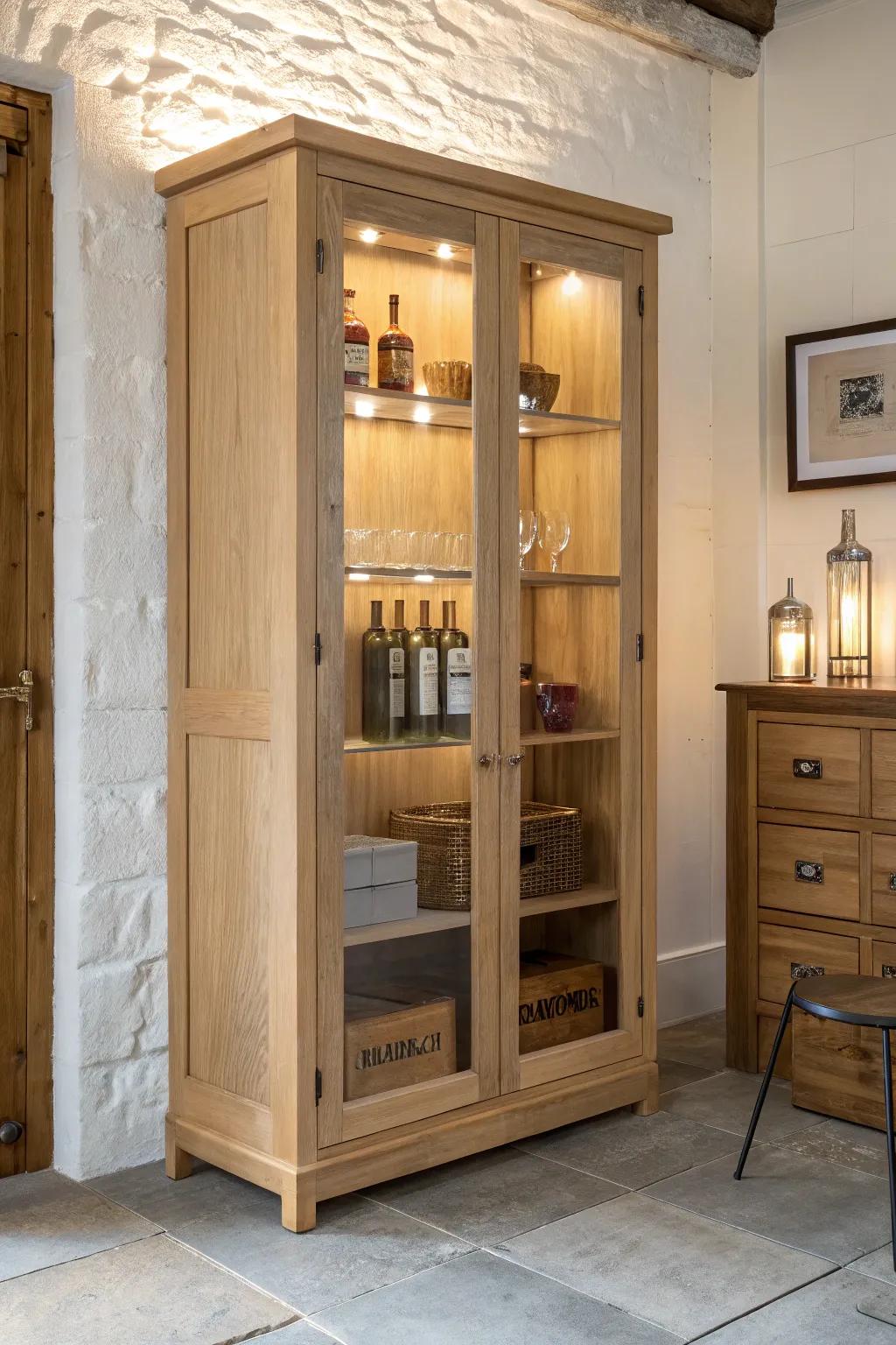 Glass-front oak cabinet with warm lighting—showcasing cigars and spirits with calm, club polish.