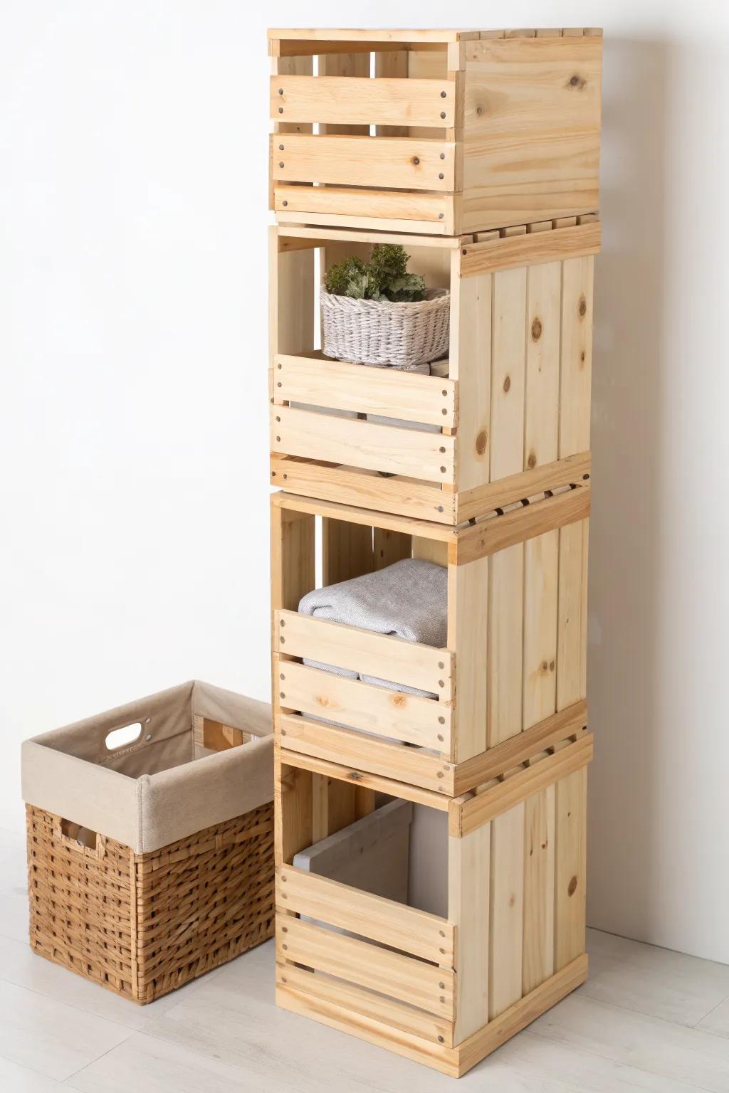 Reconfigurable crate-stack shelves—smooth, safe, and ready to rearrange with any layout.
