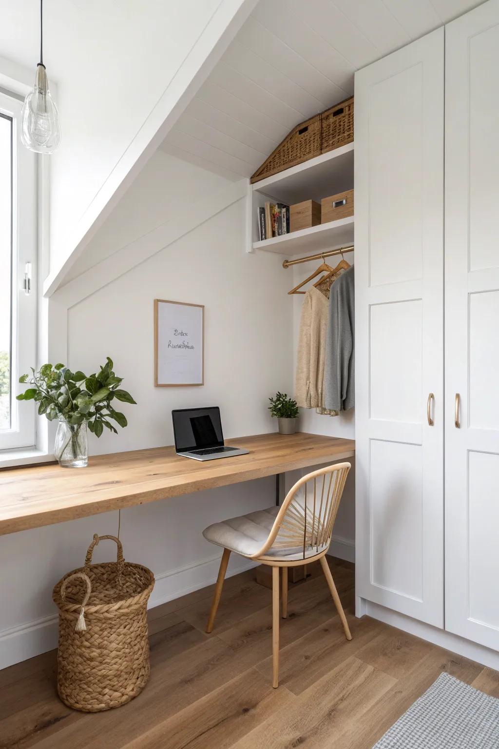 A seamless L-shaped oak closet desk that creates separate computer and writing zones.