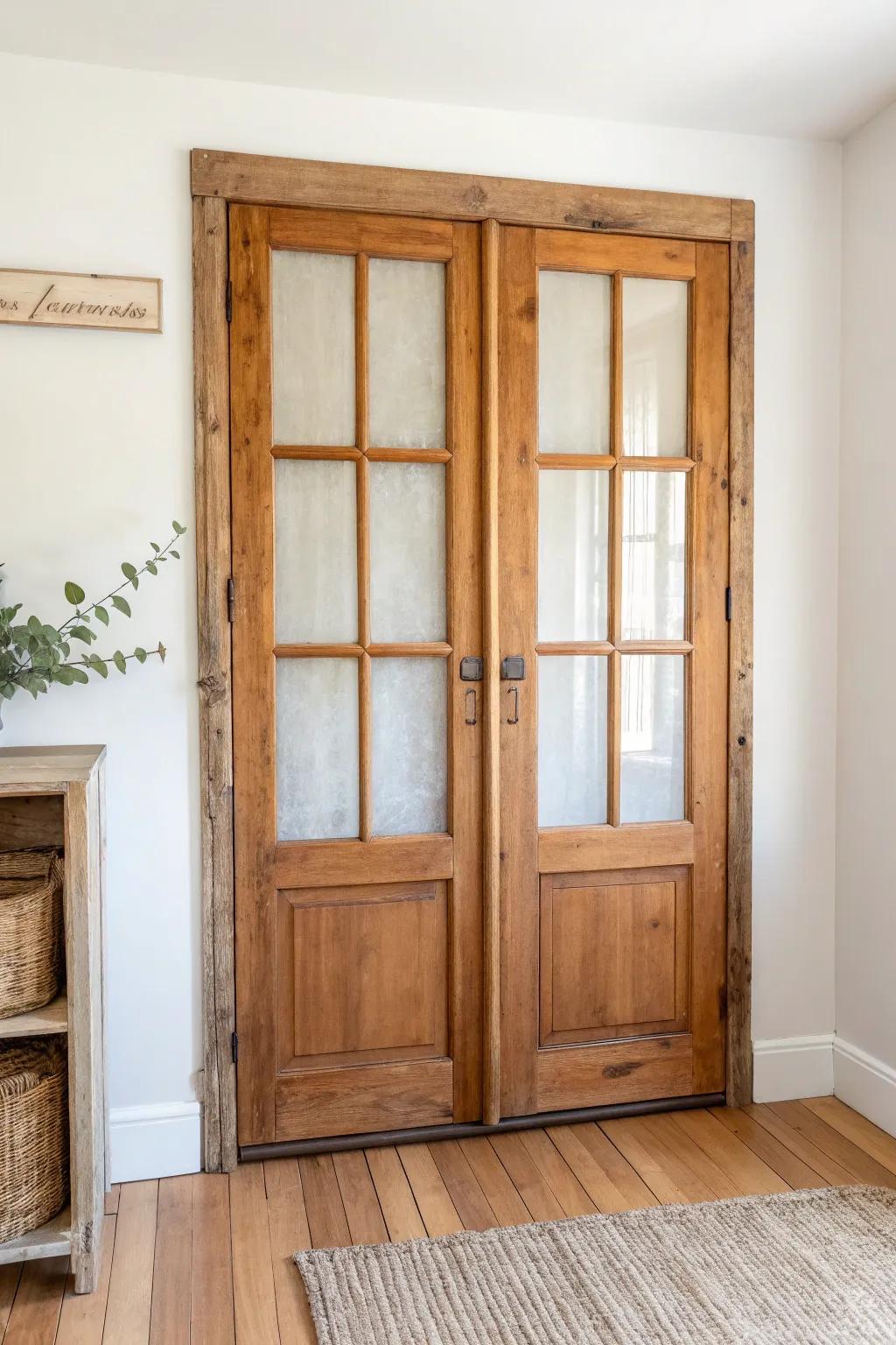 Vintage window-frame closet doors with frosted backing—characterful, airy, and clutter-free.