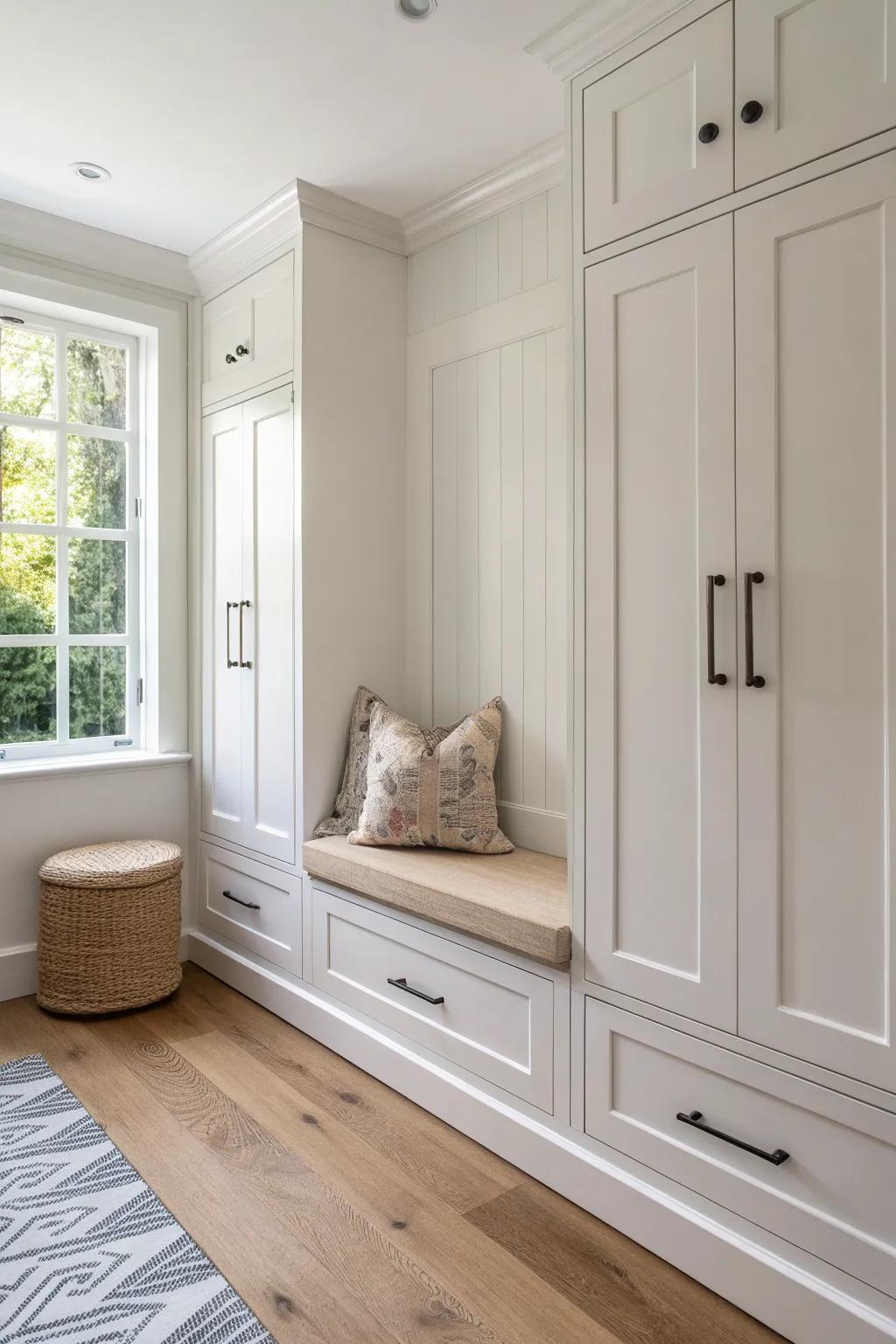 Built-in bench between closet towers—paint-grade wood + a linen cushion for custom, pricey style.