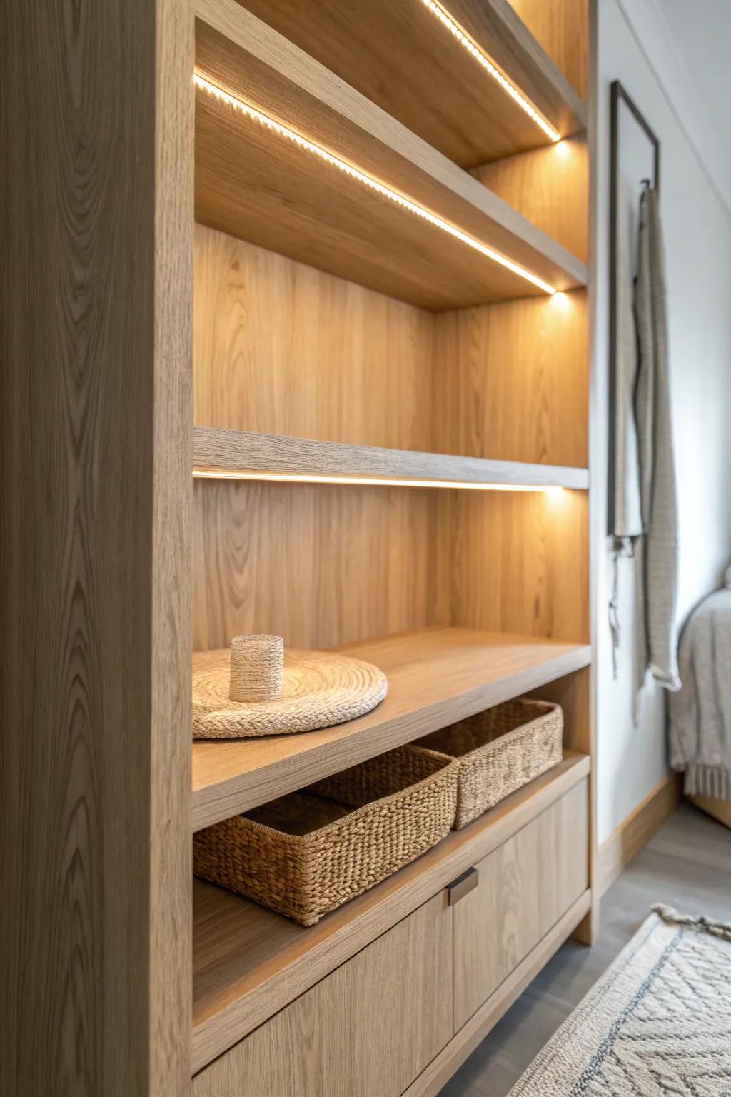 Glow-up your closet with a sleek oak shelf and hidden LED strip for instant boutique vibes.