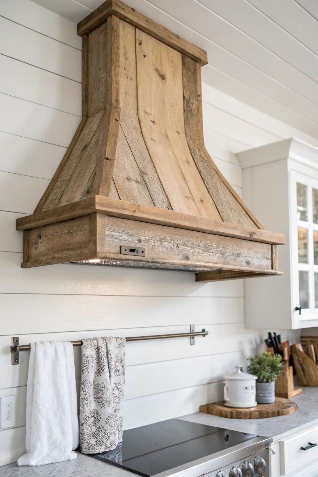 Weathered reclaimed-wood range hood for an effortless coastal kitchen statement.