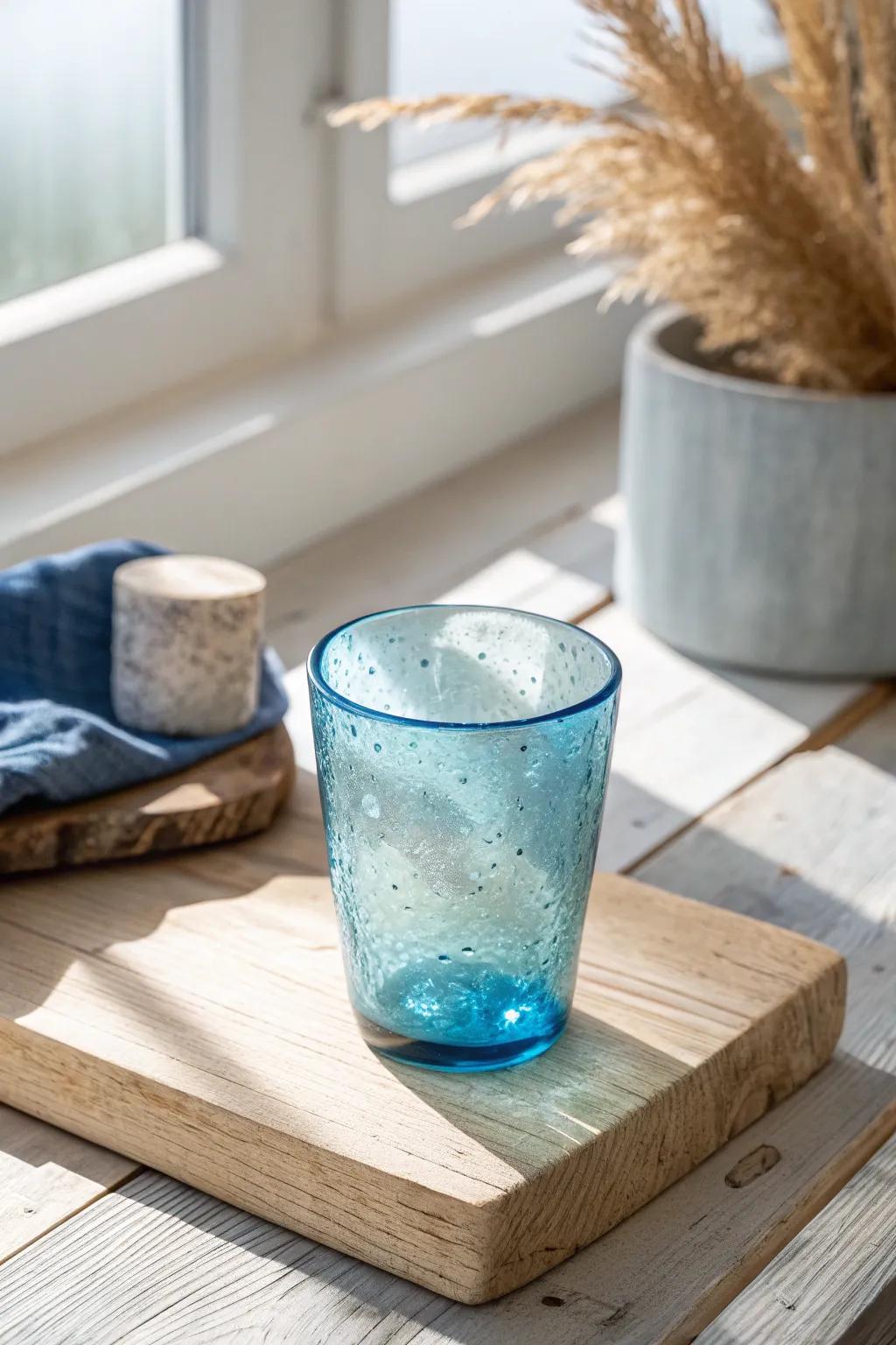 Blue-tinted glass on pale oak brings an instant ocean pop to minimalist coastal tables.