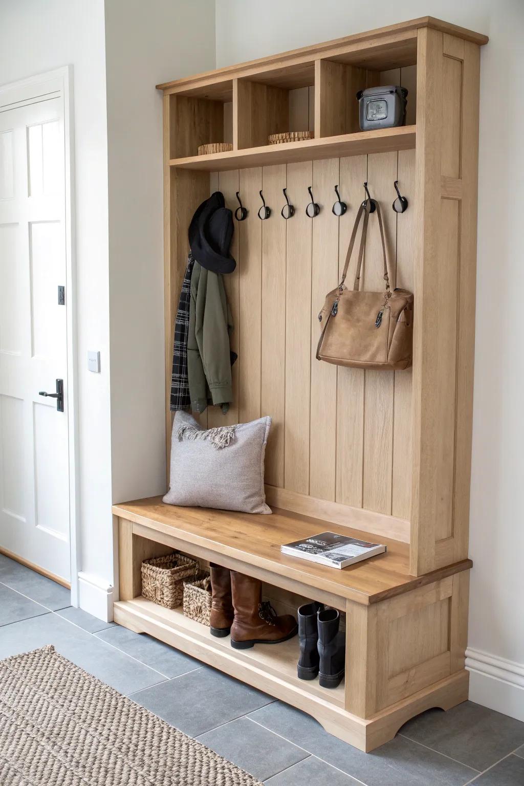 Scandi mudroom upgrade: handcrafted coat rack + bench combo for a calm, clutter-free entry.