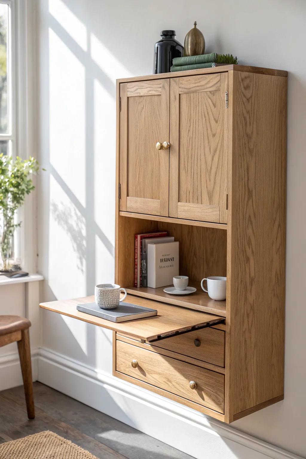 Sleek fold-down wall bar: coffee by day, cocktails by night—hidden away in seconds.