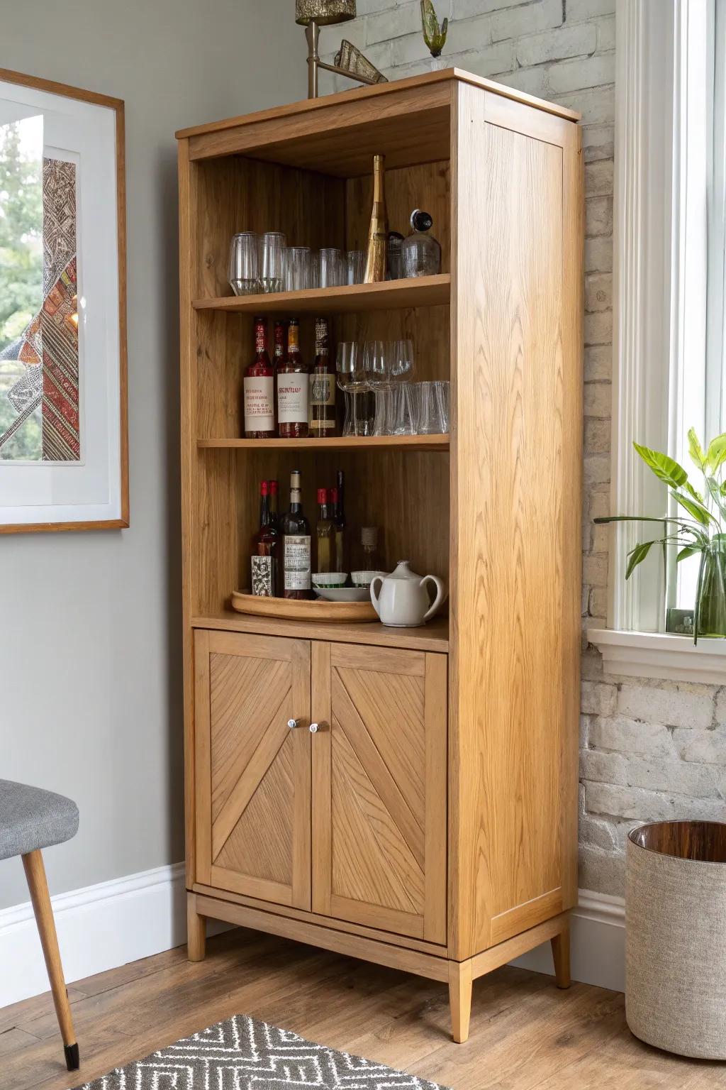 A cozy corner bar: oak triangle shelves hide bottles behind, coffee essentials stay upfront.