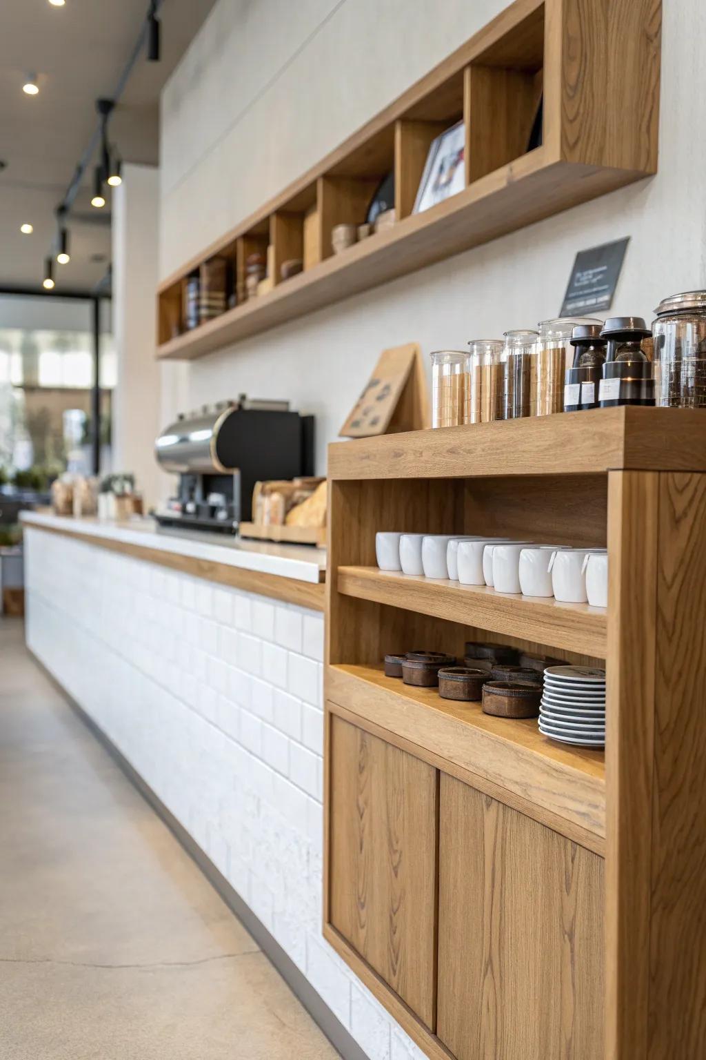 A thick oak pickup shelf keeps the line clear—wipeable, minimal, and beautifully crafted.